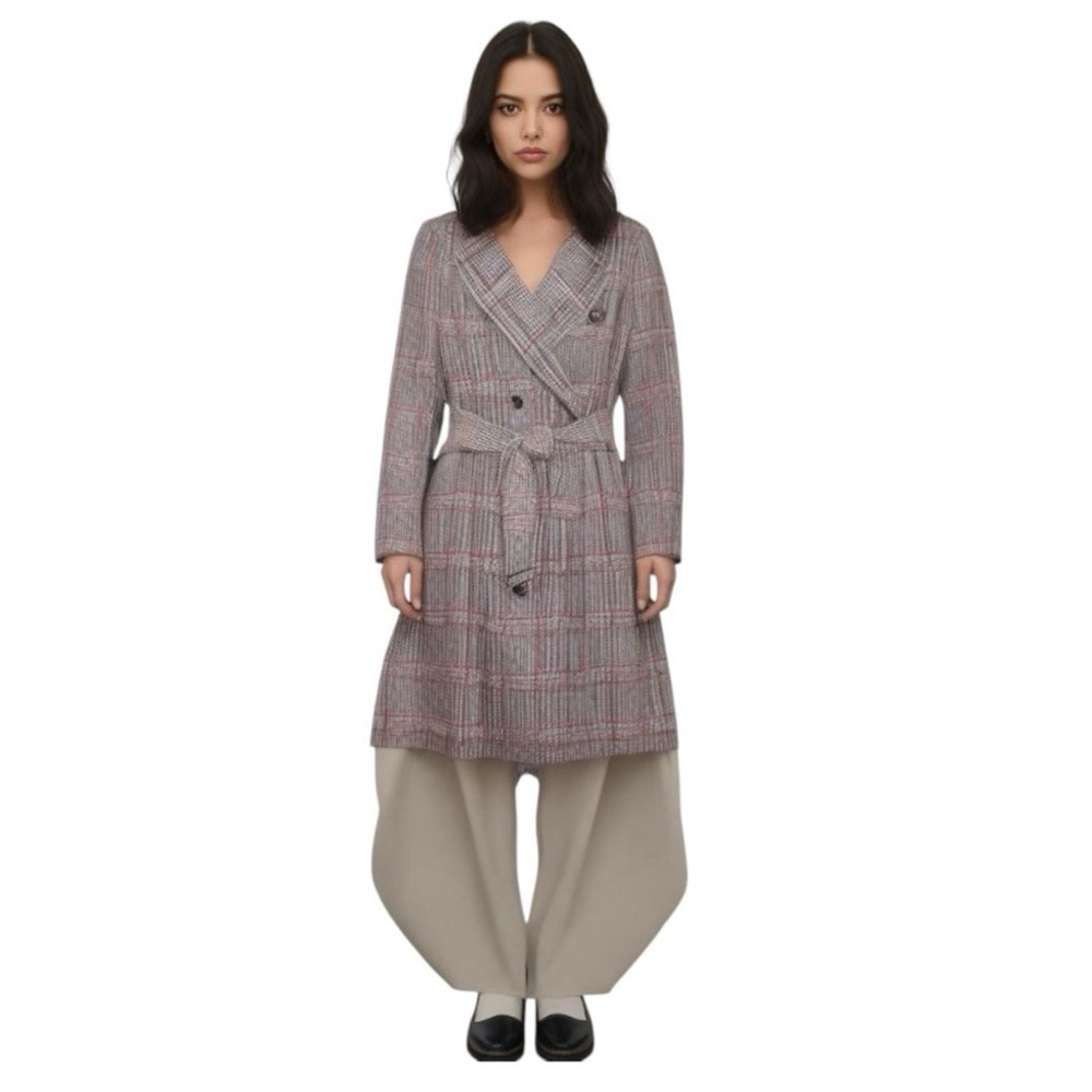 Iris Setlakwe designer wool blend pink blue beige houndstooth plaid trench coat